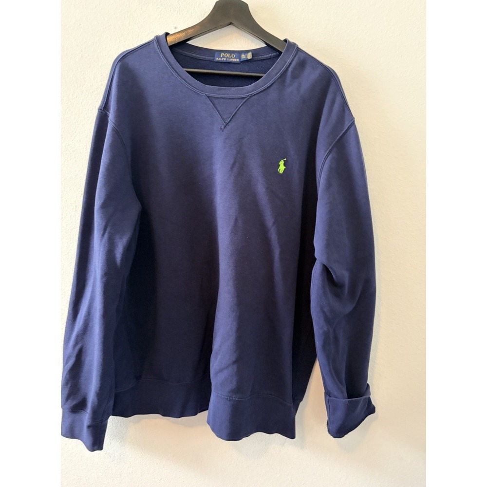 Polo Ralph Lauren Men Sweatshirt XXL Navy Blue Green Pony Logo Fleece Pullover